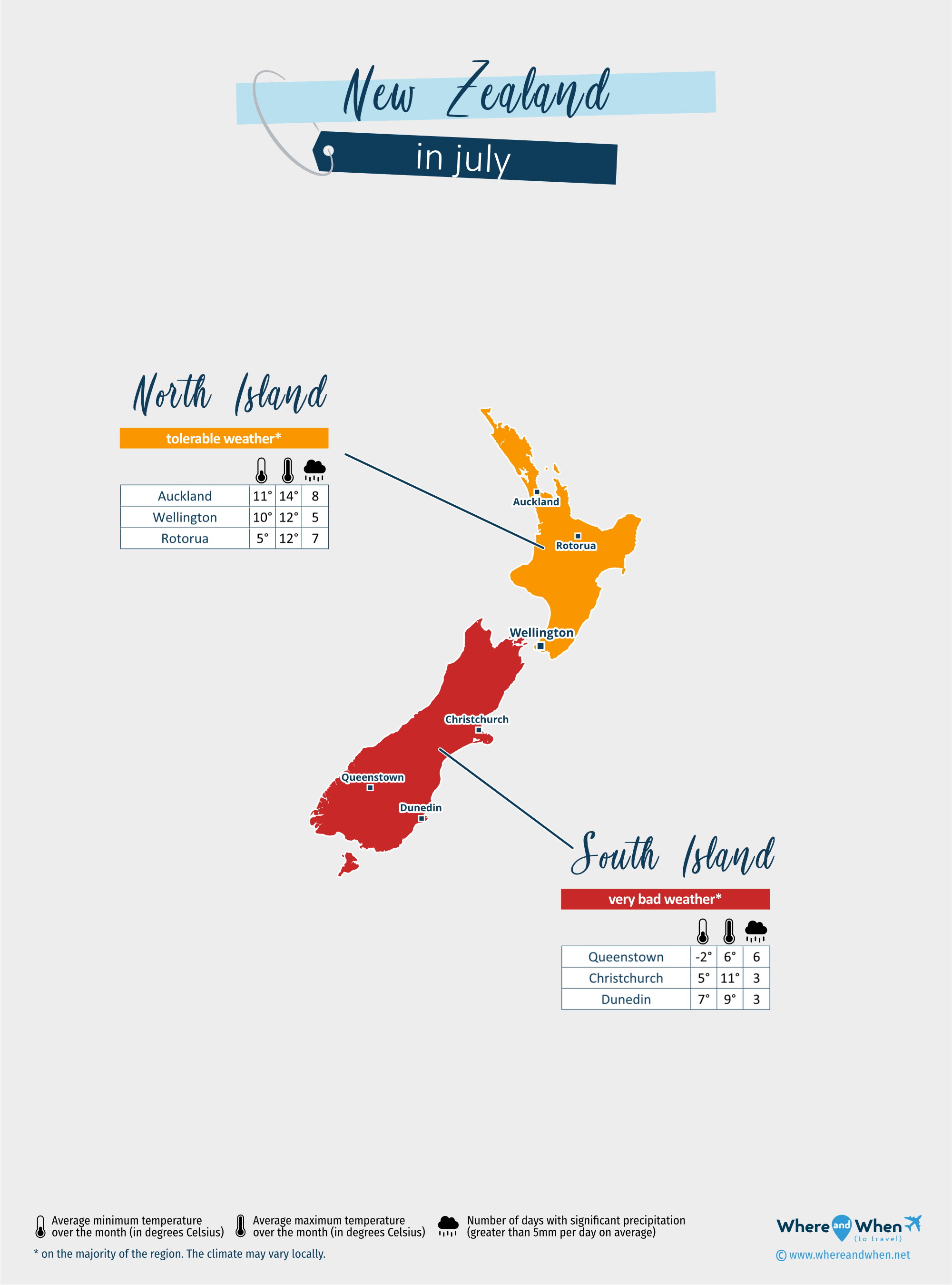 New Zealand: weather map in july in different regions