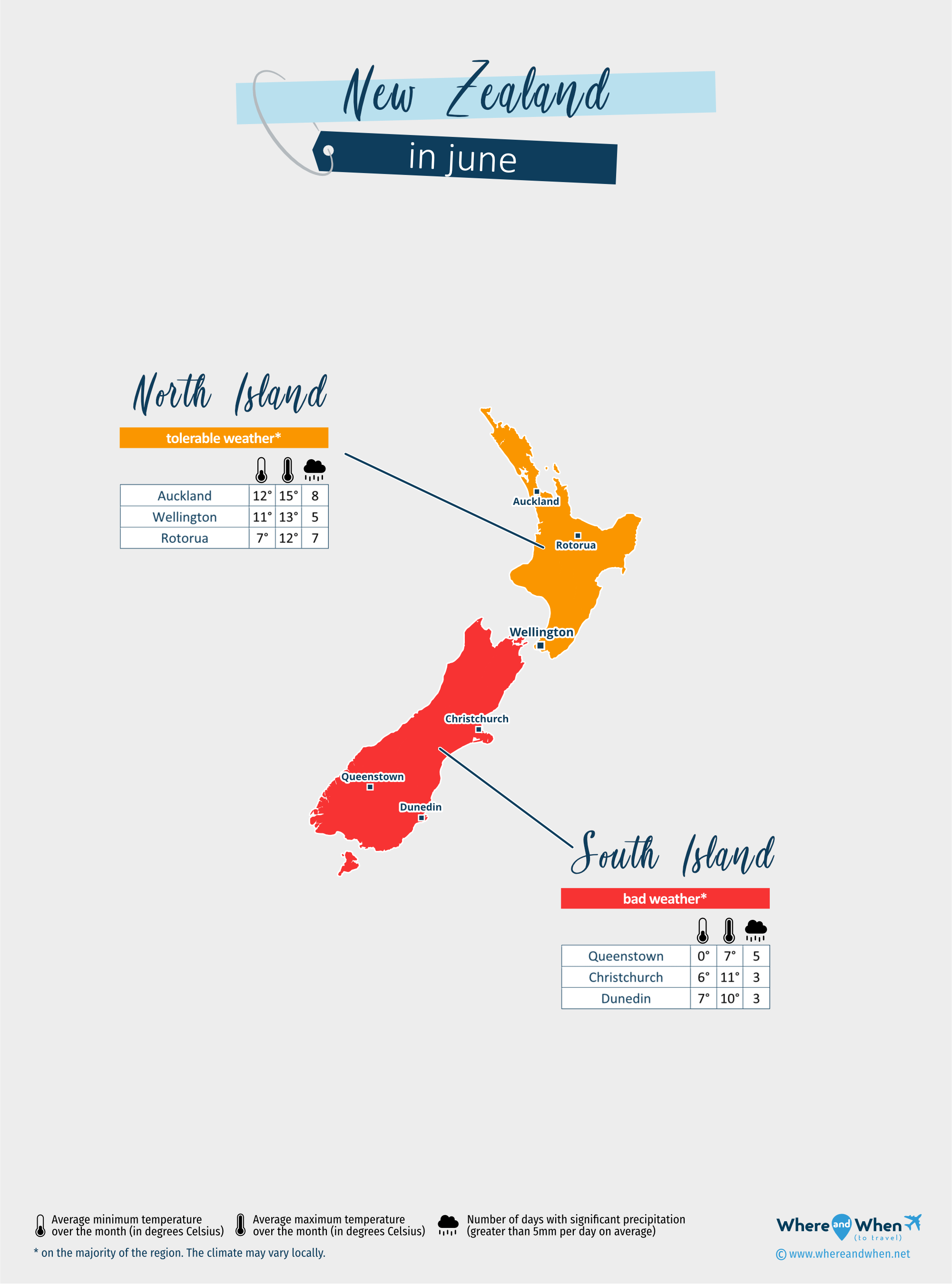New Zealand: weather map in june in different regions