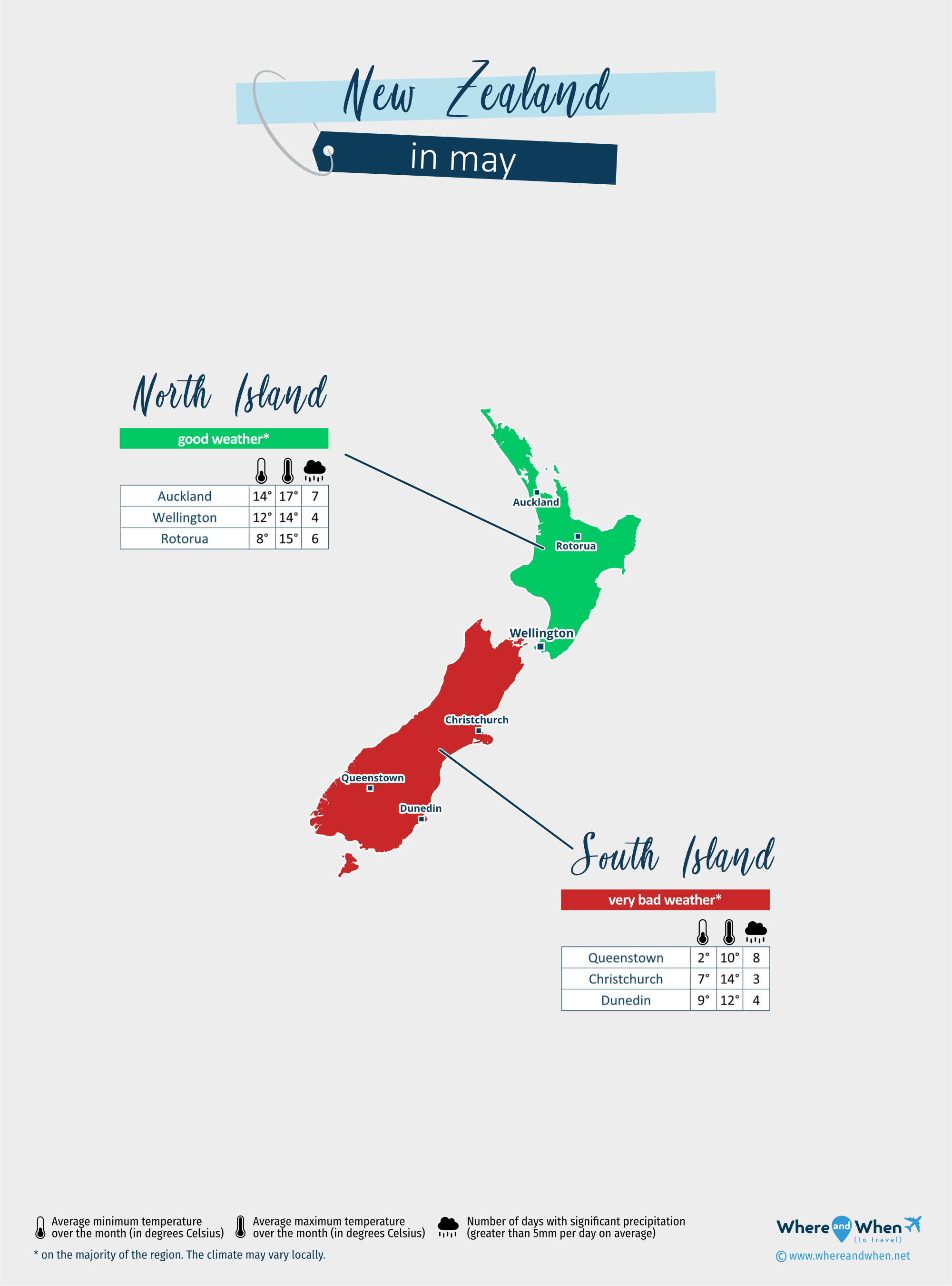 New Zealand: weather map in may in different regions