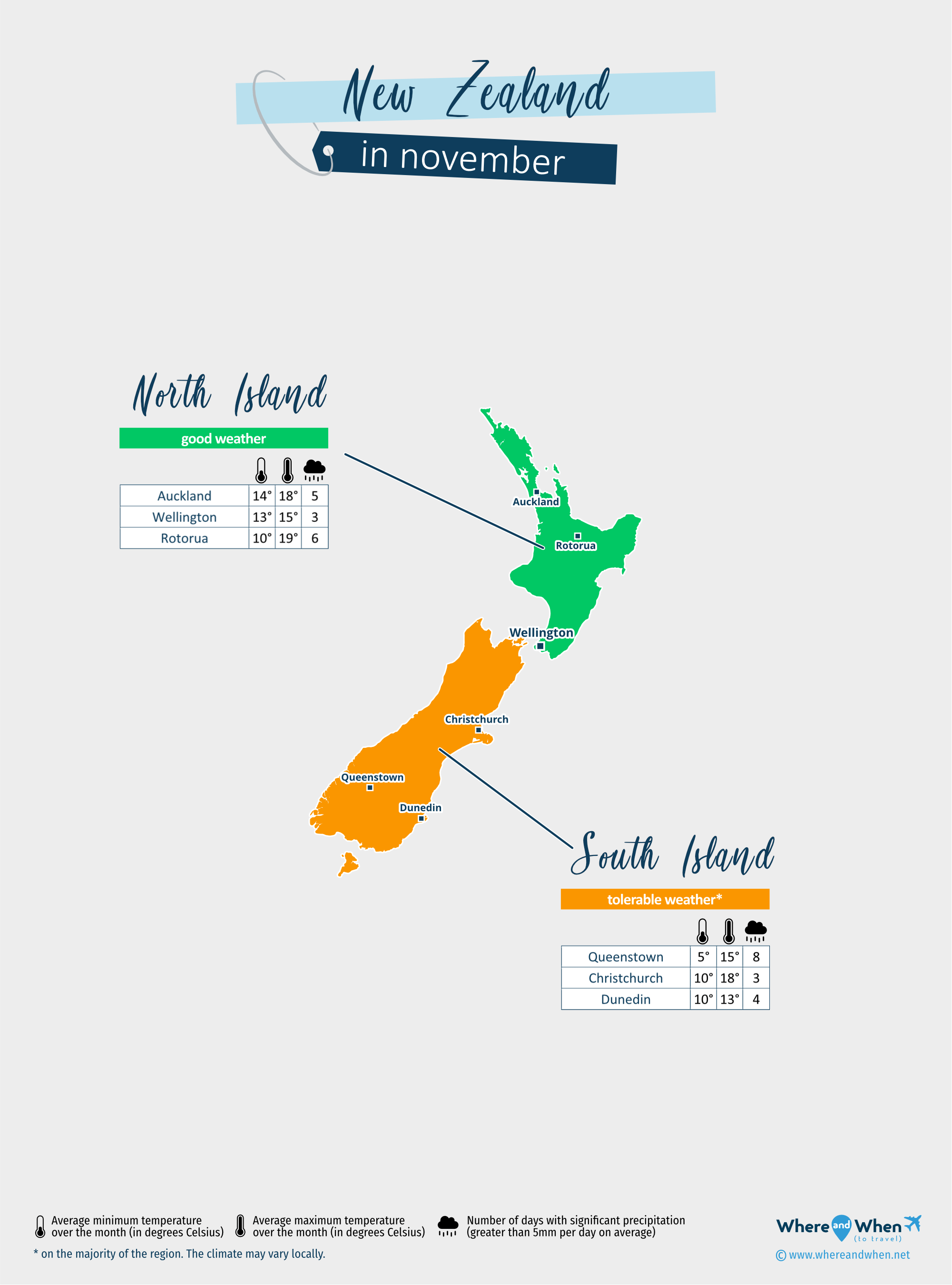 New Zealand: weather map in november in different regions
