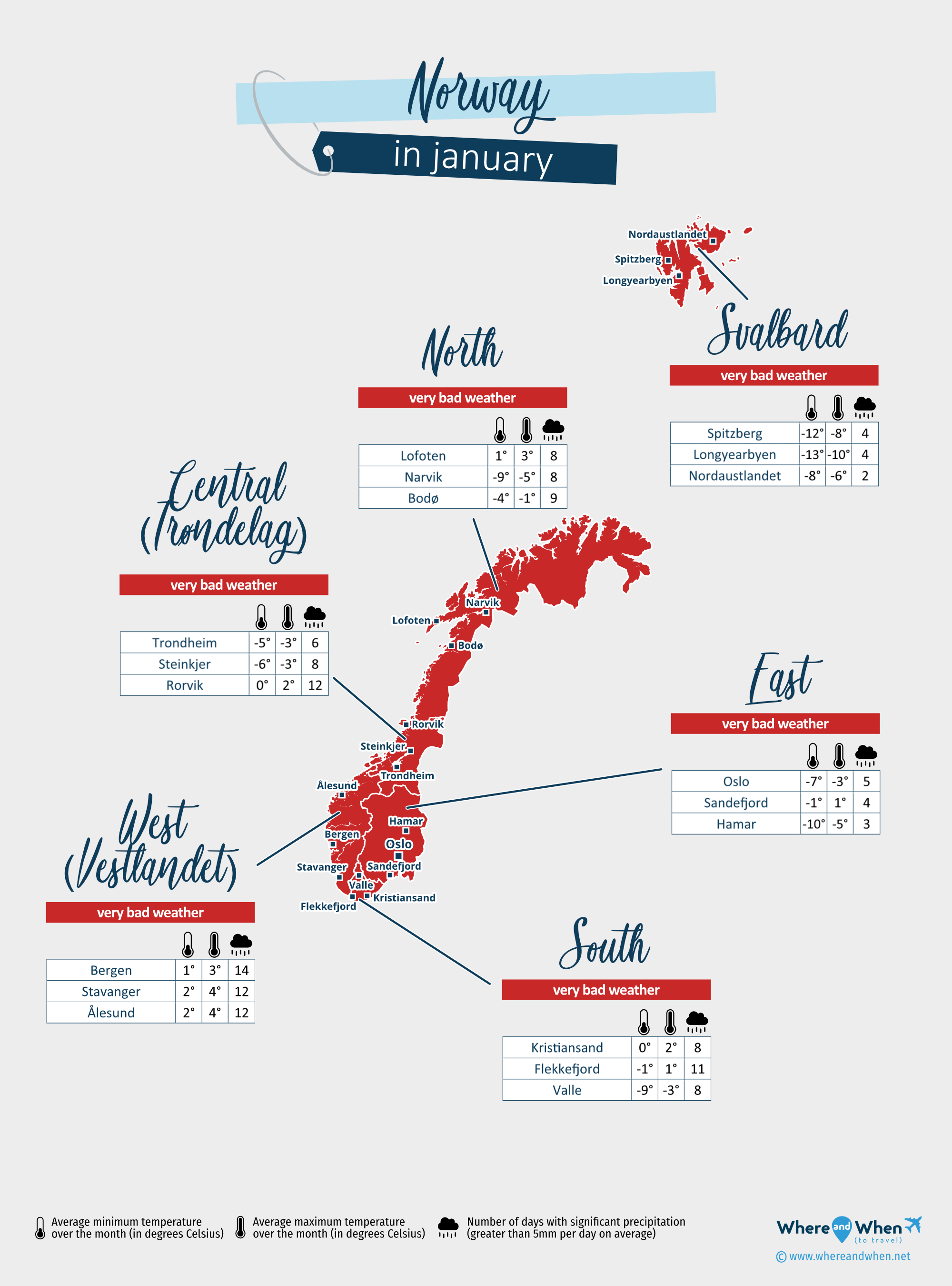 Norway: weather map in january in different regions