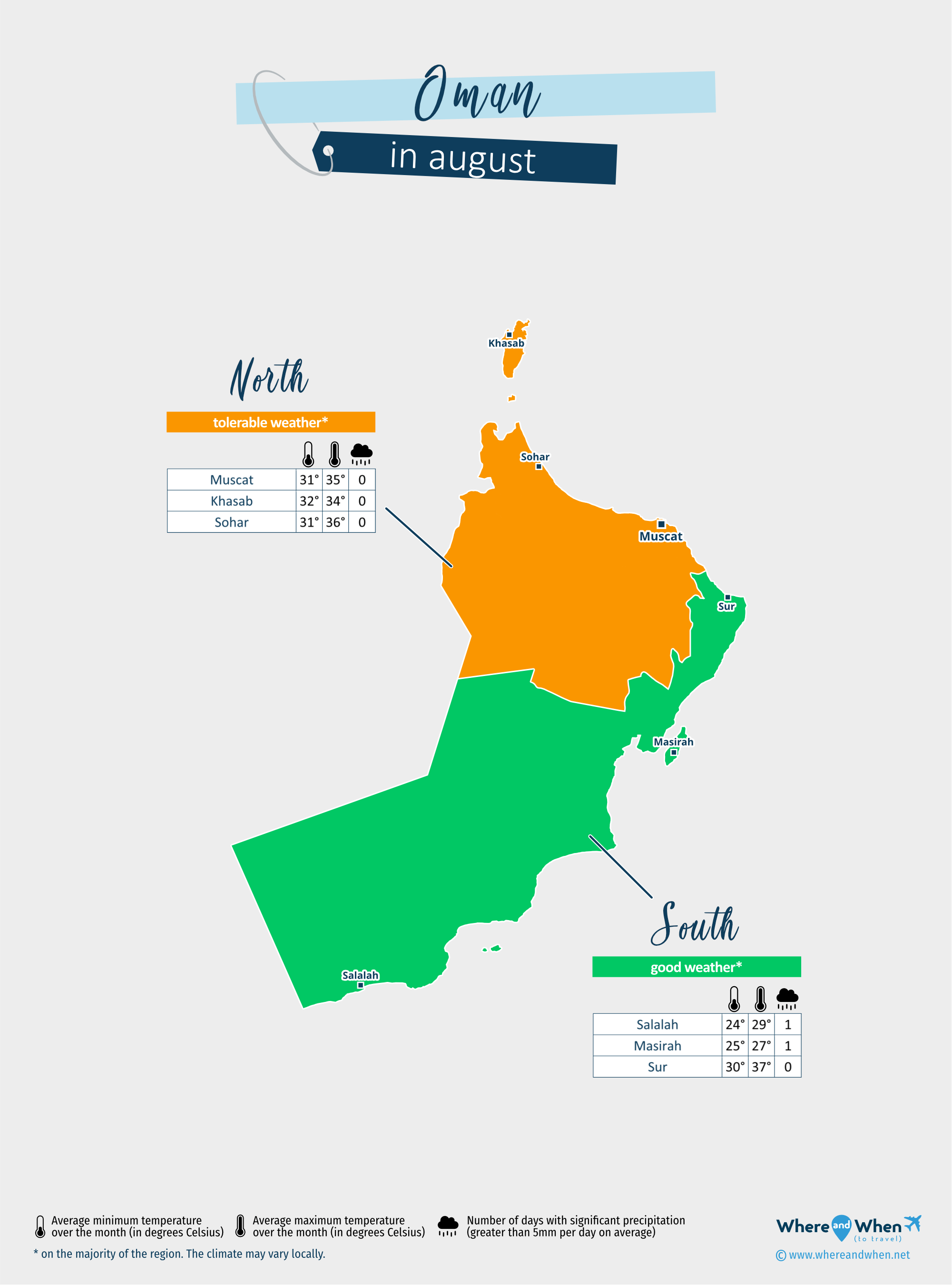 Oman: weather map in august in different regions