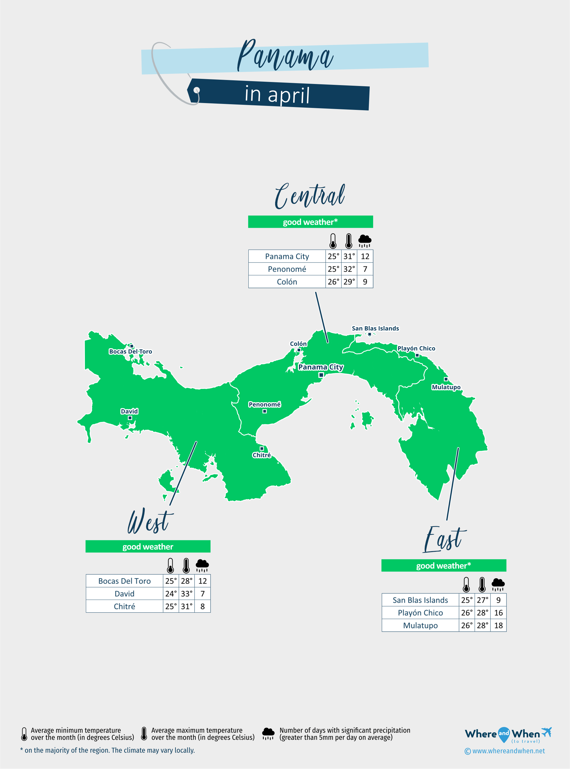 Panama: weather map in april in different regions