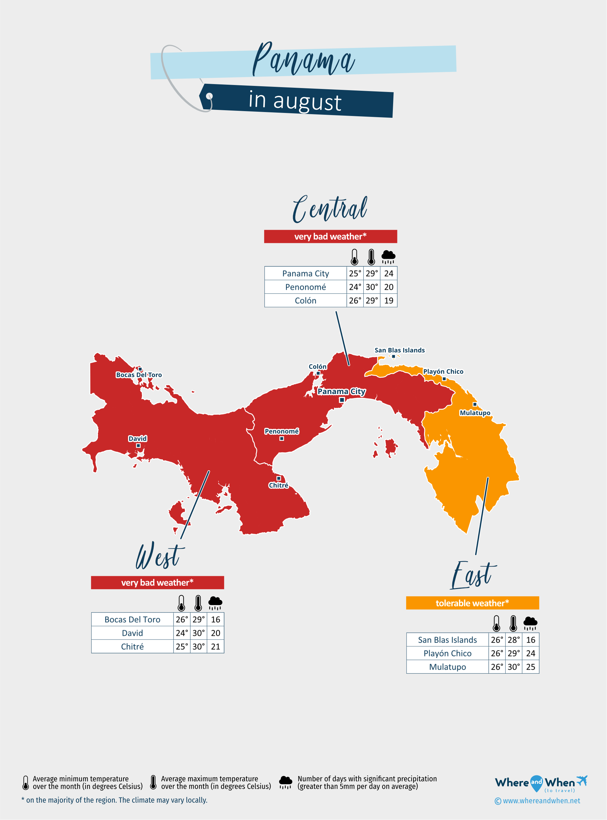 Panama: weather map in august in different regions