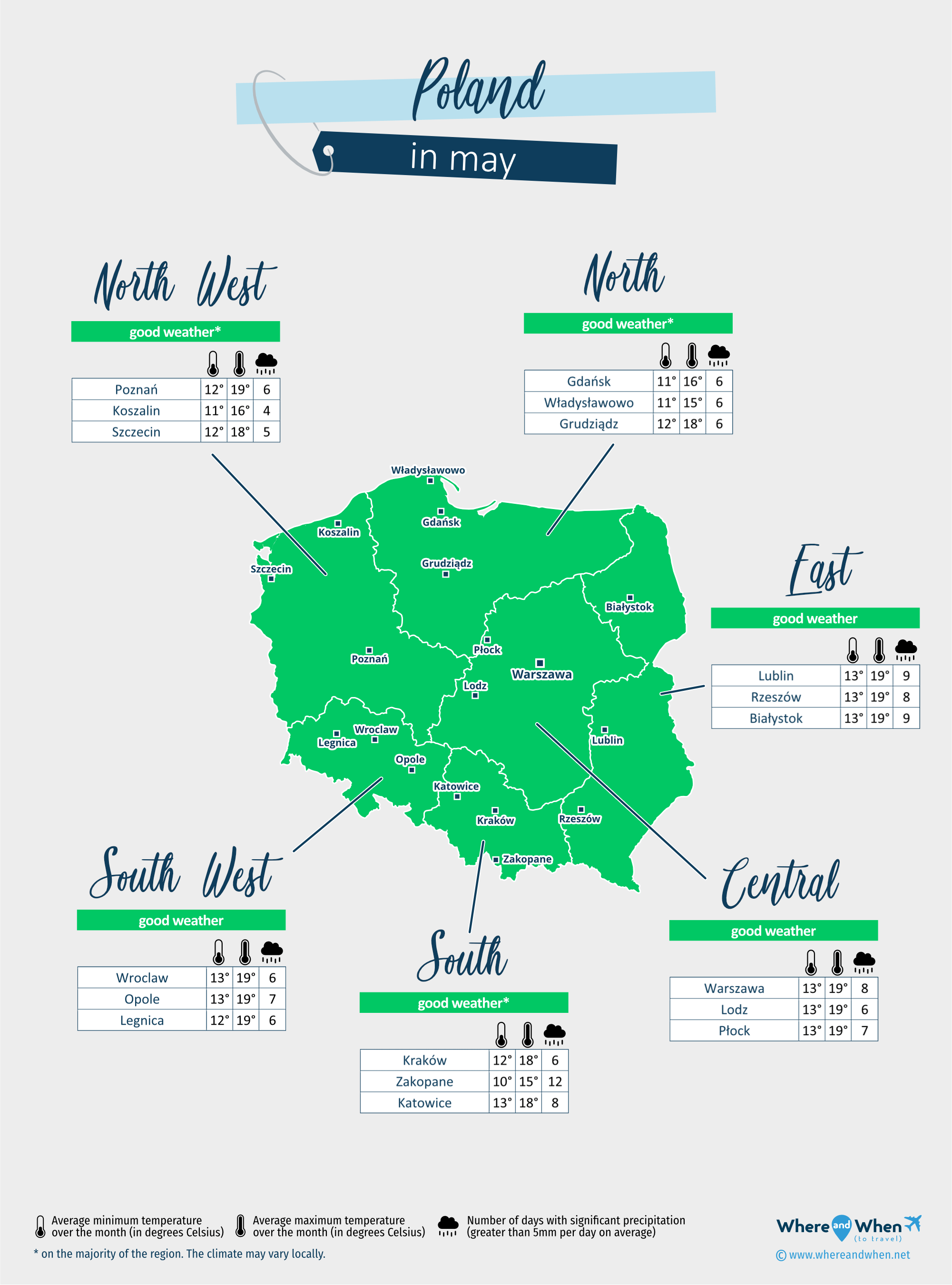 Poland: weather map in may in different regions