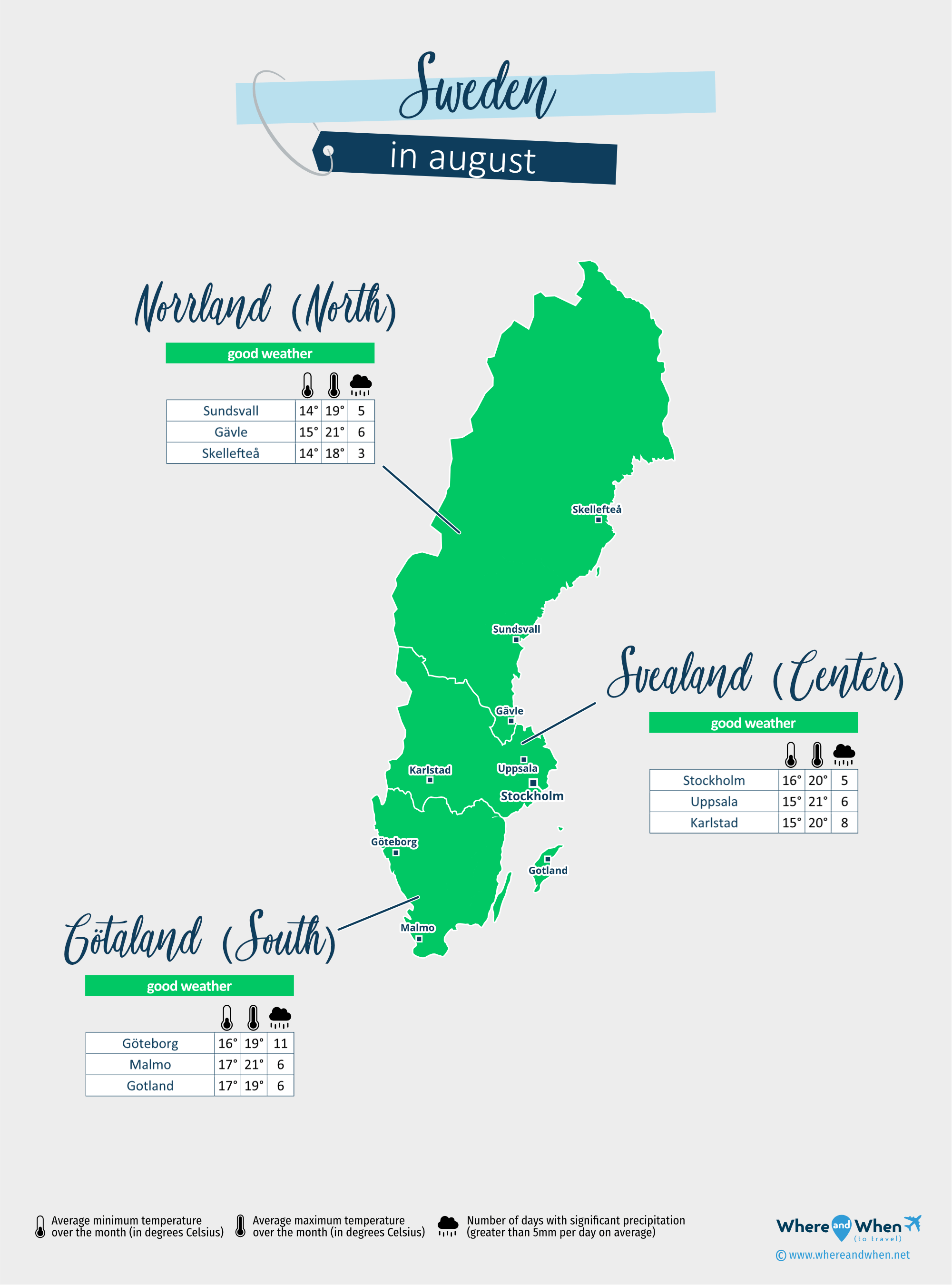 Sweden: weather map in august in different regions