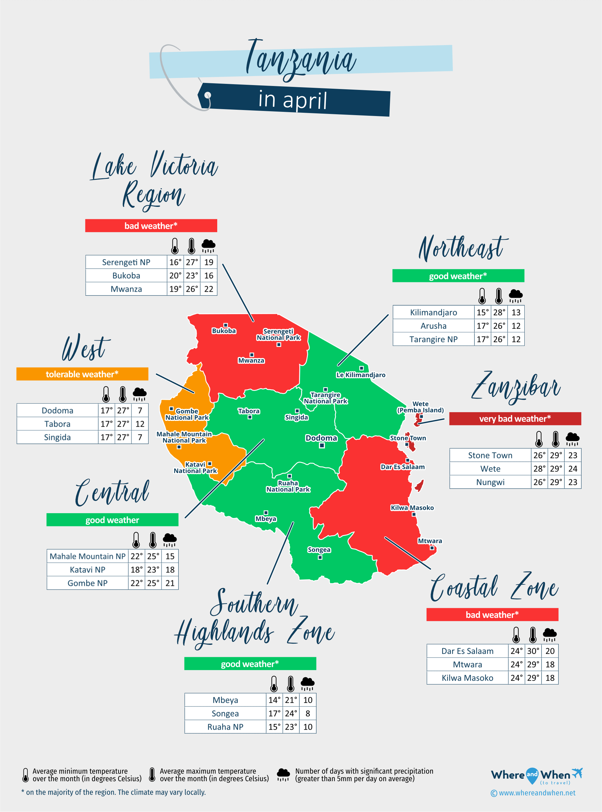 Tanzania: weather map in april in different regions