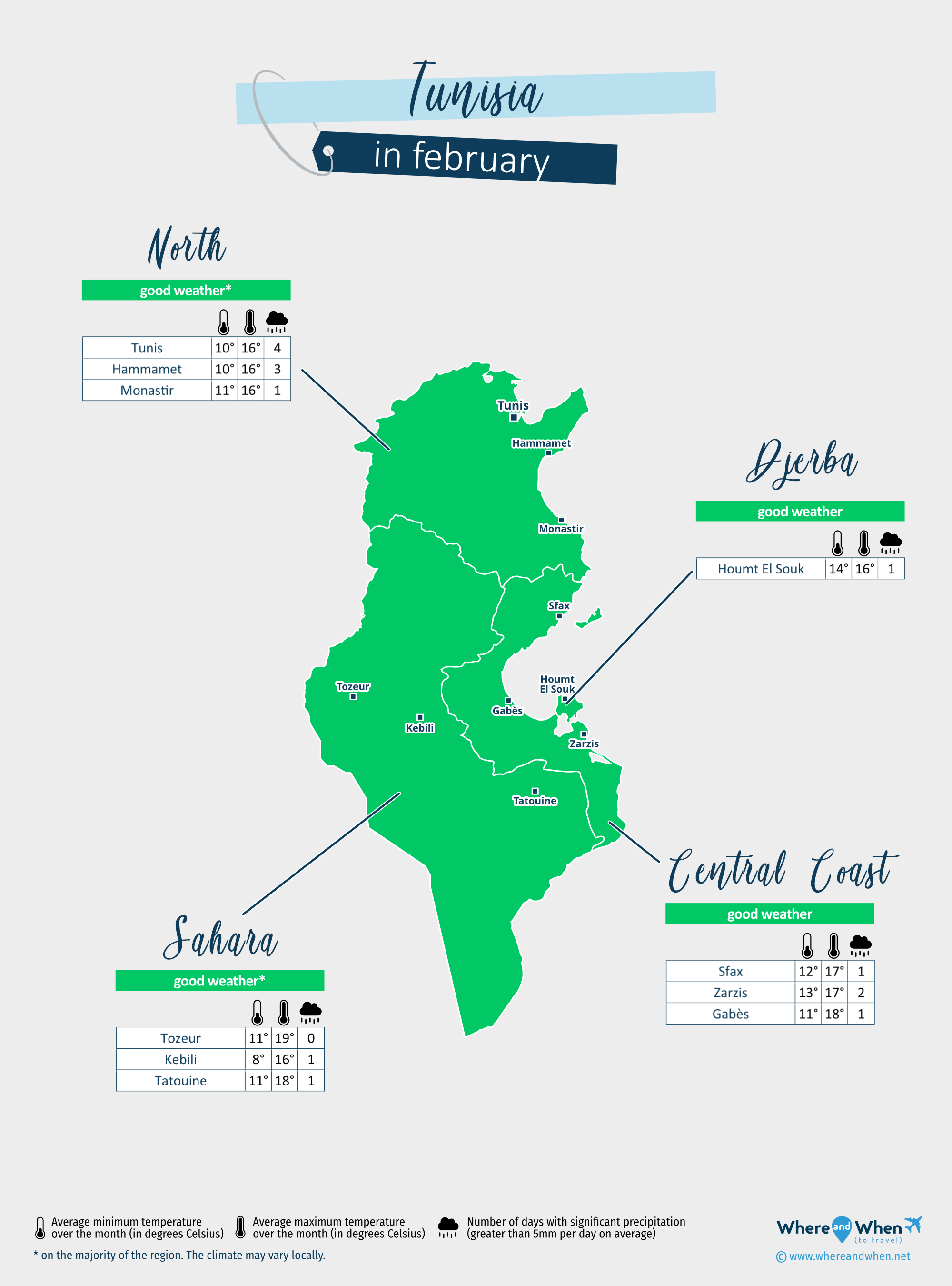 Tunisia: weather map in february in different regions